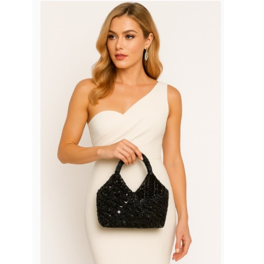 Vintage Style Black Beaded Handbag‎ India NWT Evening Purse Clutch